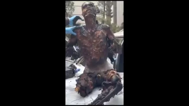 Burnt Man On The Hood Of A Burnt Car